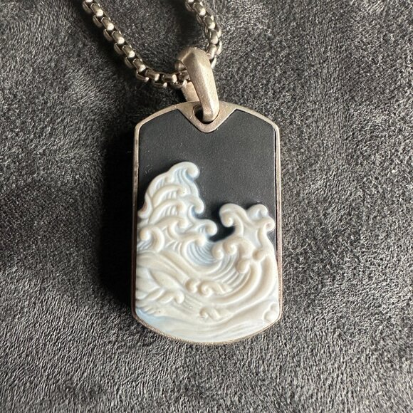 David Yurman Waves Dog Tag w/ White Agate & DY Small Box Chain Necklace 22" - Picture 3 of 13
